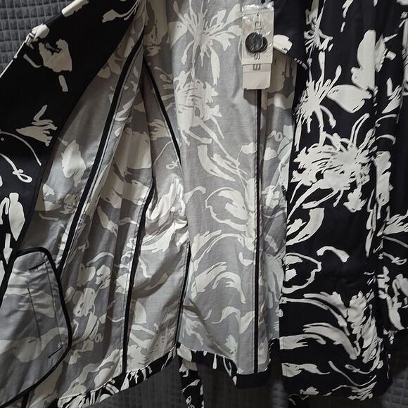 Black White Floral Raincoat Jacket FitsLg Chicos3 NWT Belted Boho Chic Glam City - Picture 14 of 16